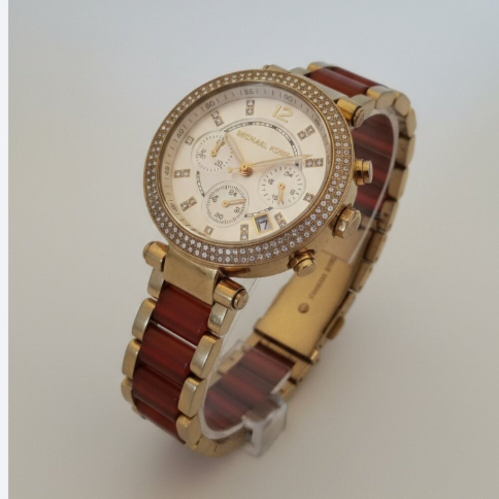 Michael Kors Parker Mini MK6139 Watch Gold Crystal Bezel Tortoise Bracelet